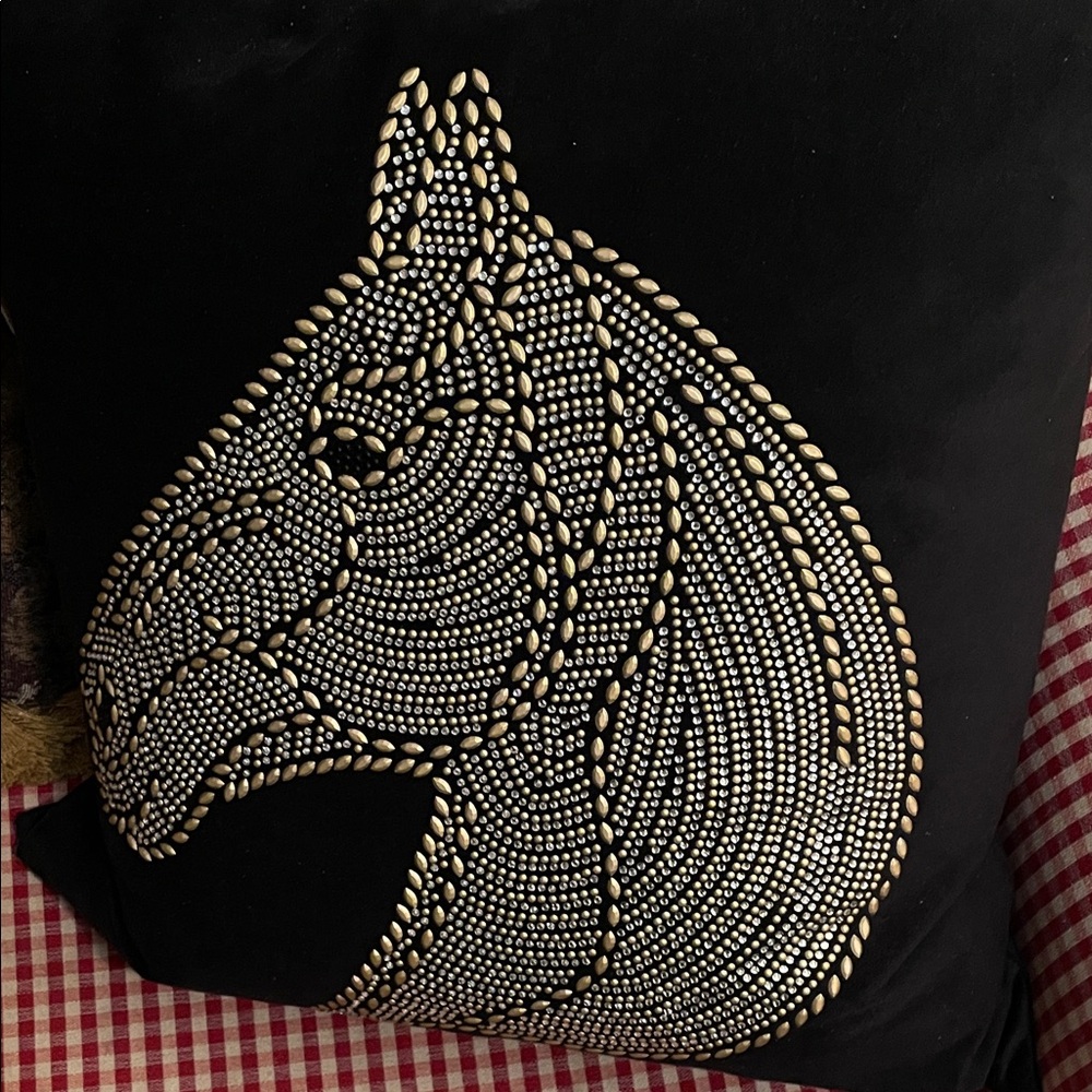 Black Decorative Pillow with Gold and Silver Horse Head Design